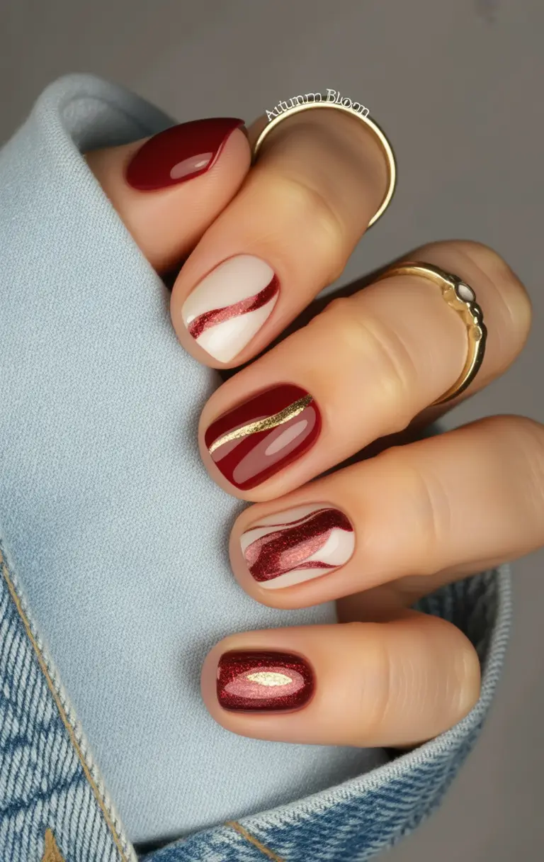 short fall nails Gilded Cranberry Ribbon Swirls