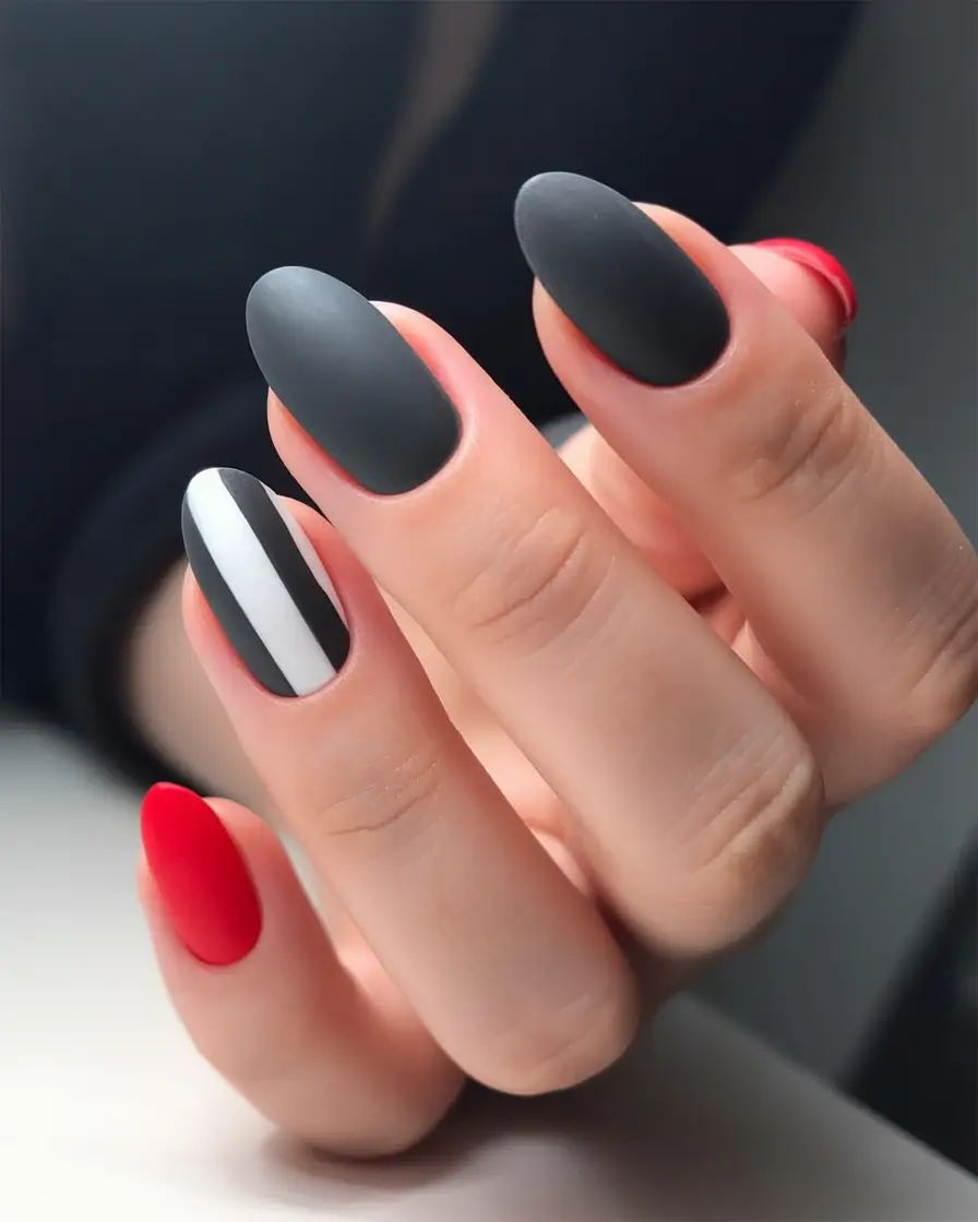 short fall nails Charcoal–Crimson Minimal Stripes Short Almond