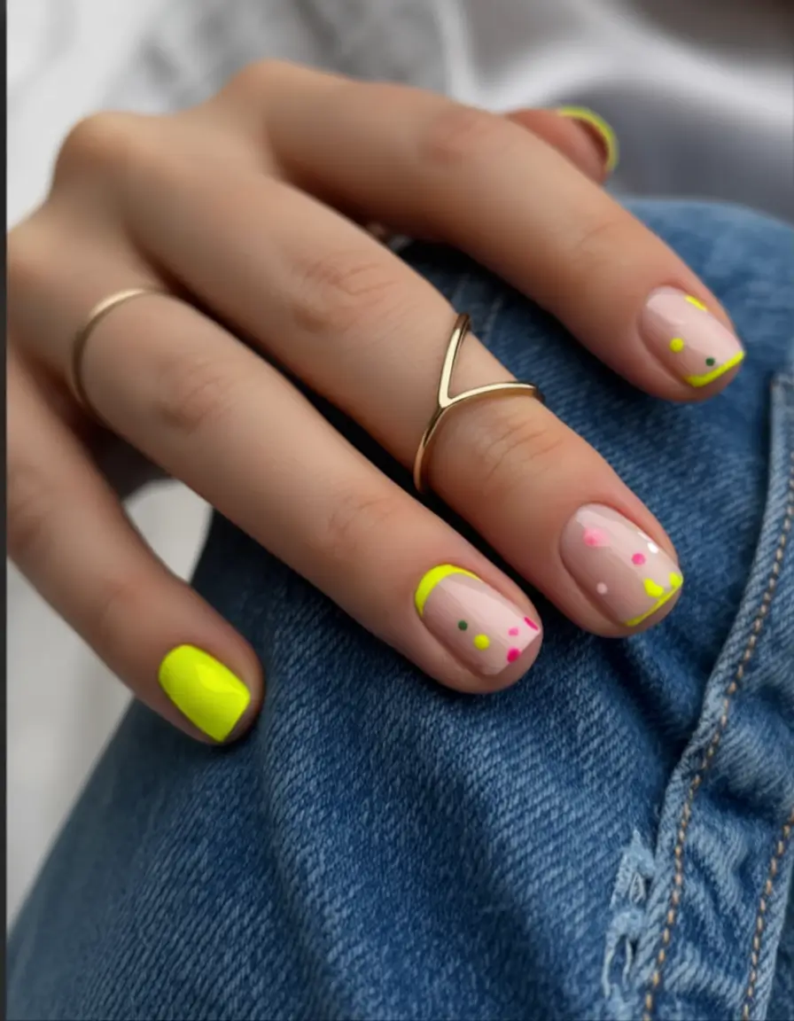 short fall nails Neon Micro-French & Confetti Dots
