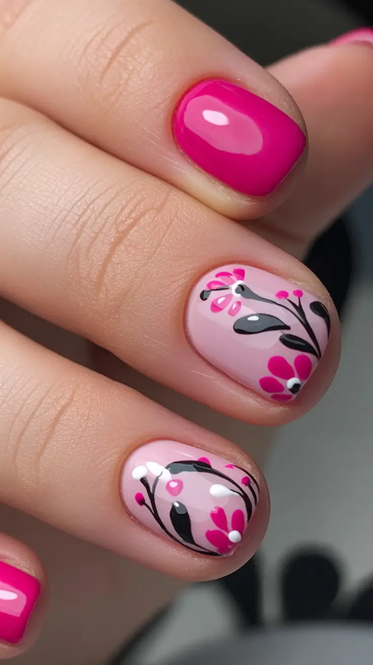short fall nails Candy-Fuchsia Florals On Petal Pink