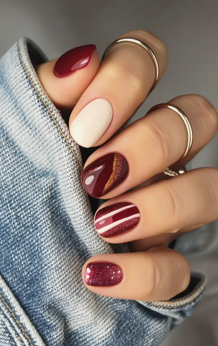 short fall nails Cranberry Mix With Pinstripes & Sparkle