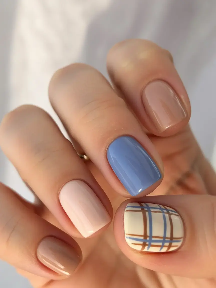 short fall nails Preppy Plaid Accent with Dusty Blue