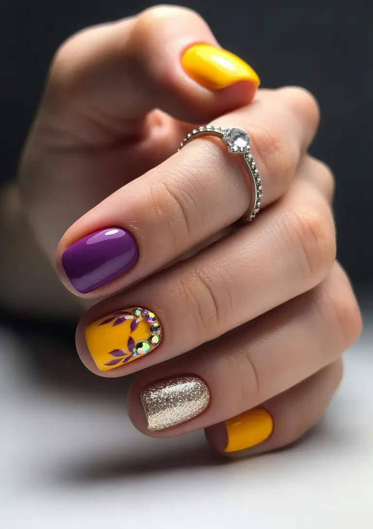 short fall nails Marigold And Amethyst With Gem Crescent
