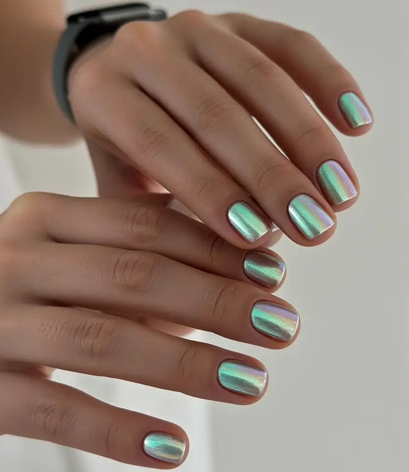 short fall nails Mint Iridescent Chrome Sheen