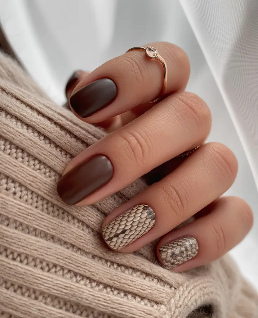 brown fall nails Matte Snake Texture
