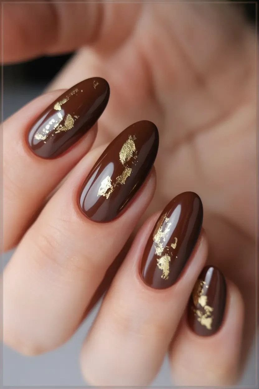 brown fall nails Chocolate with Gold Foil