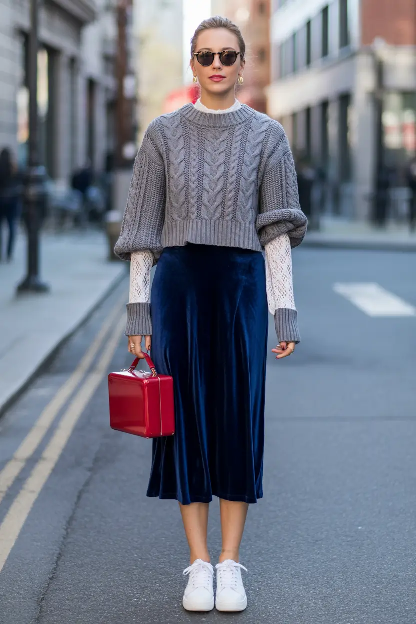 fall sweater outfits — Velvet Midi Meets Cropped Cable-Knit