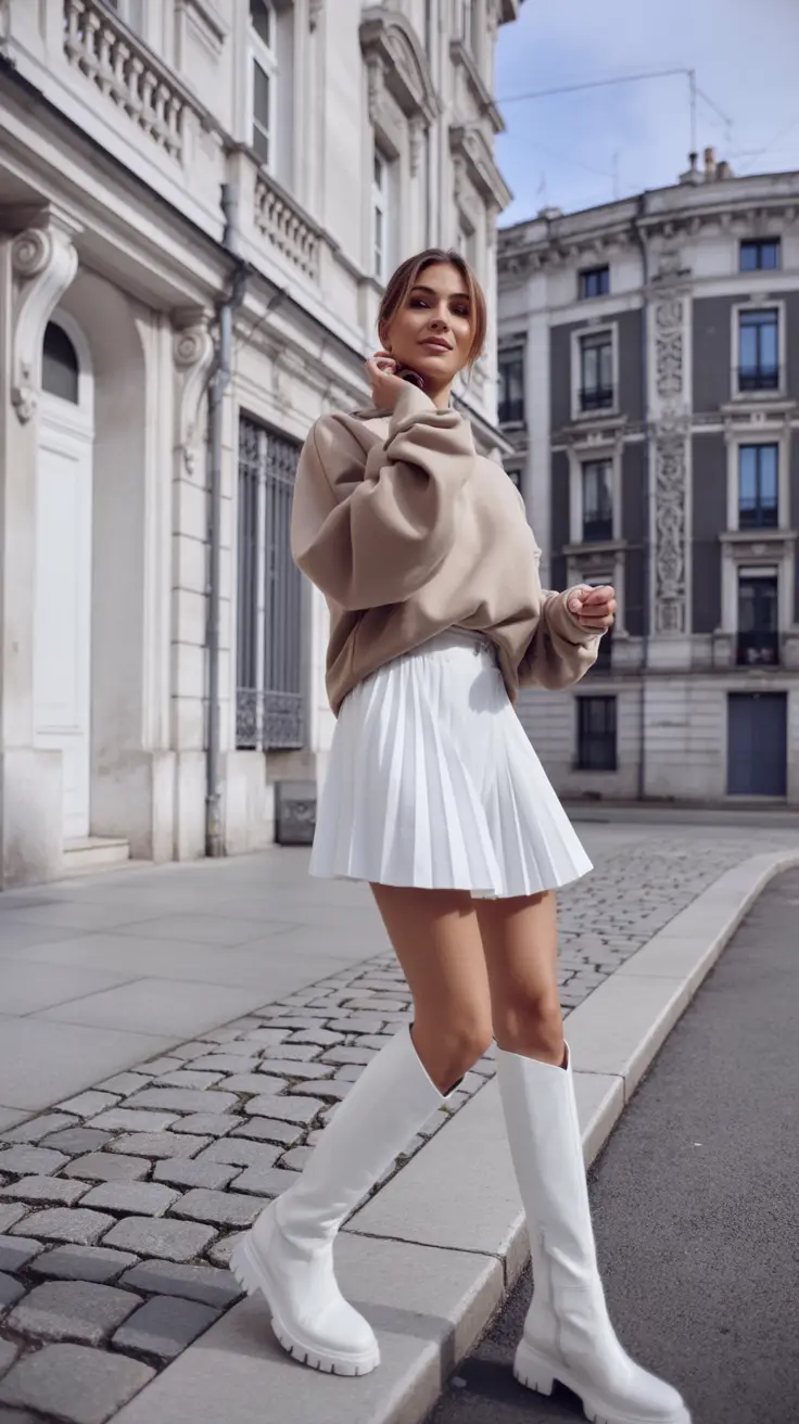 fall sweater outfits — Taupe Slouch with Pleated Tennis Mini