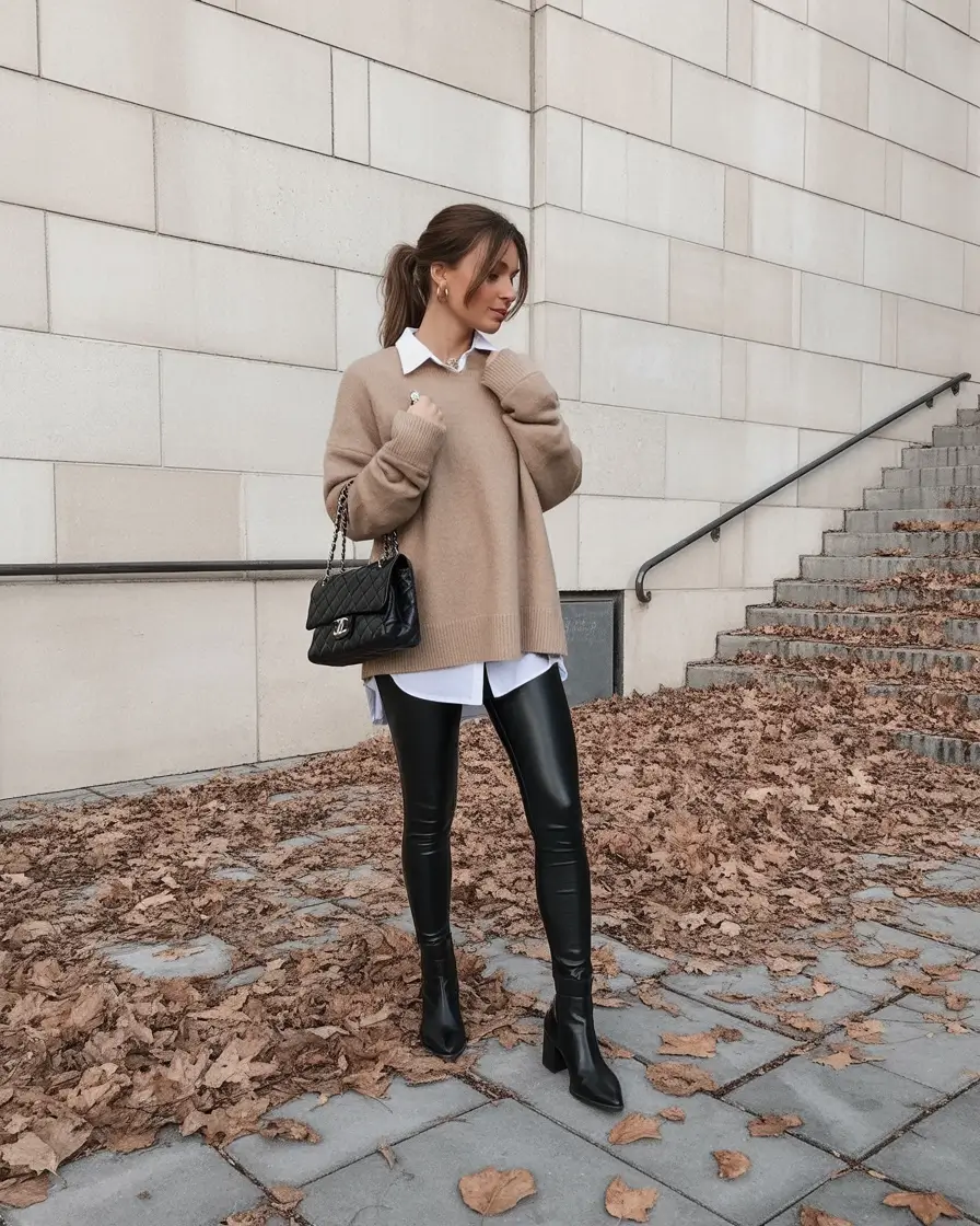 fall sweater outfits — Camel Knit, Crisp Shirt, and Sleek Leather Leggings