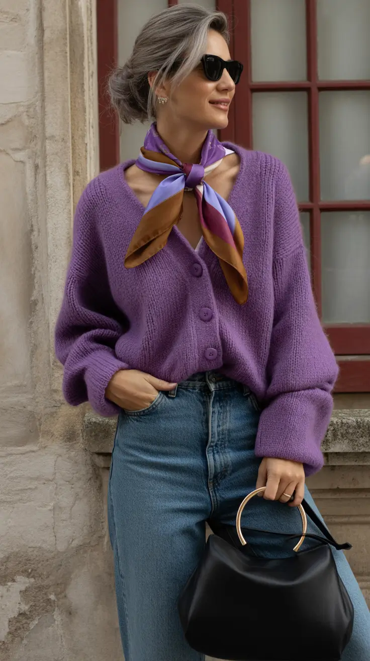 fall sweater outfits — Lavender Cardigan with Silk Scarf and Mid-Blue Denim