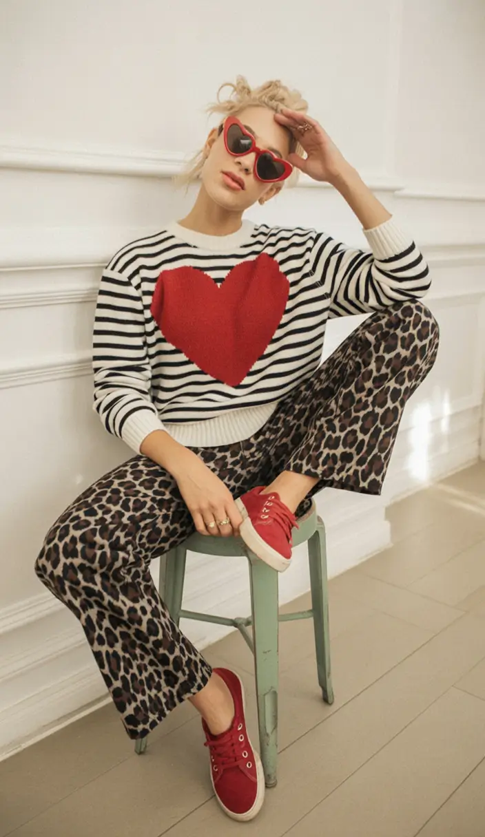 fall sweater outfits — Graphic Heart Stripes with Leopard and Red Sneakers