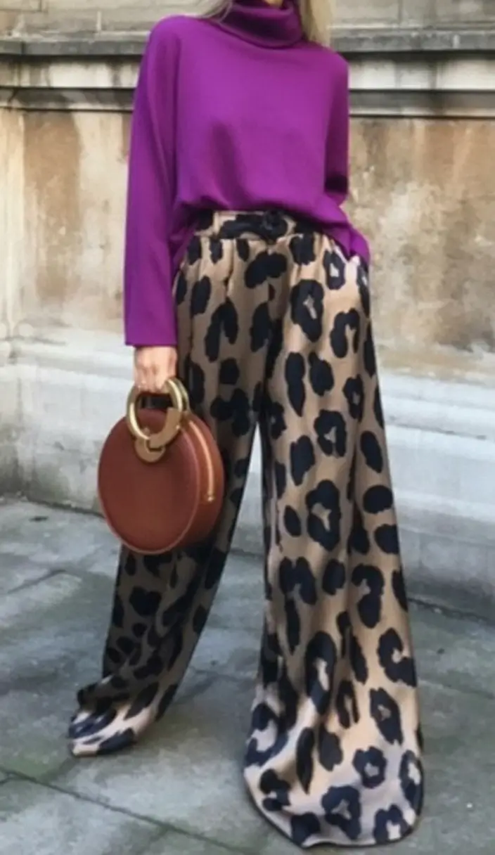 fall sweater outfits — Violet Turtleneck with Fluid Leopard Palazzo