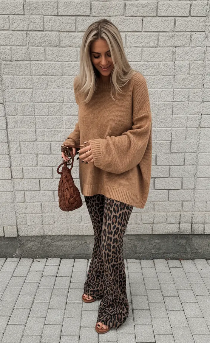 fall sweater outfits — Camel Slouch with Leopard Flares and Woven Mini Bag