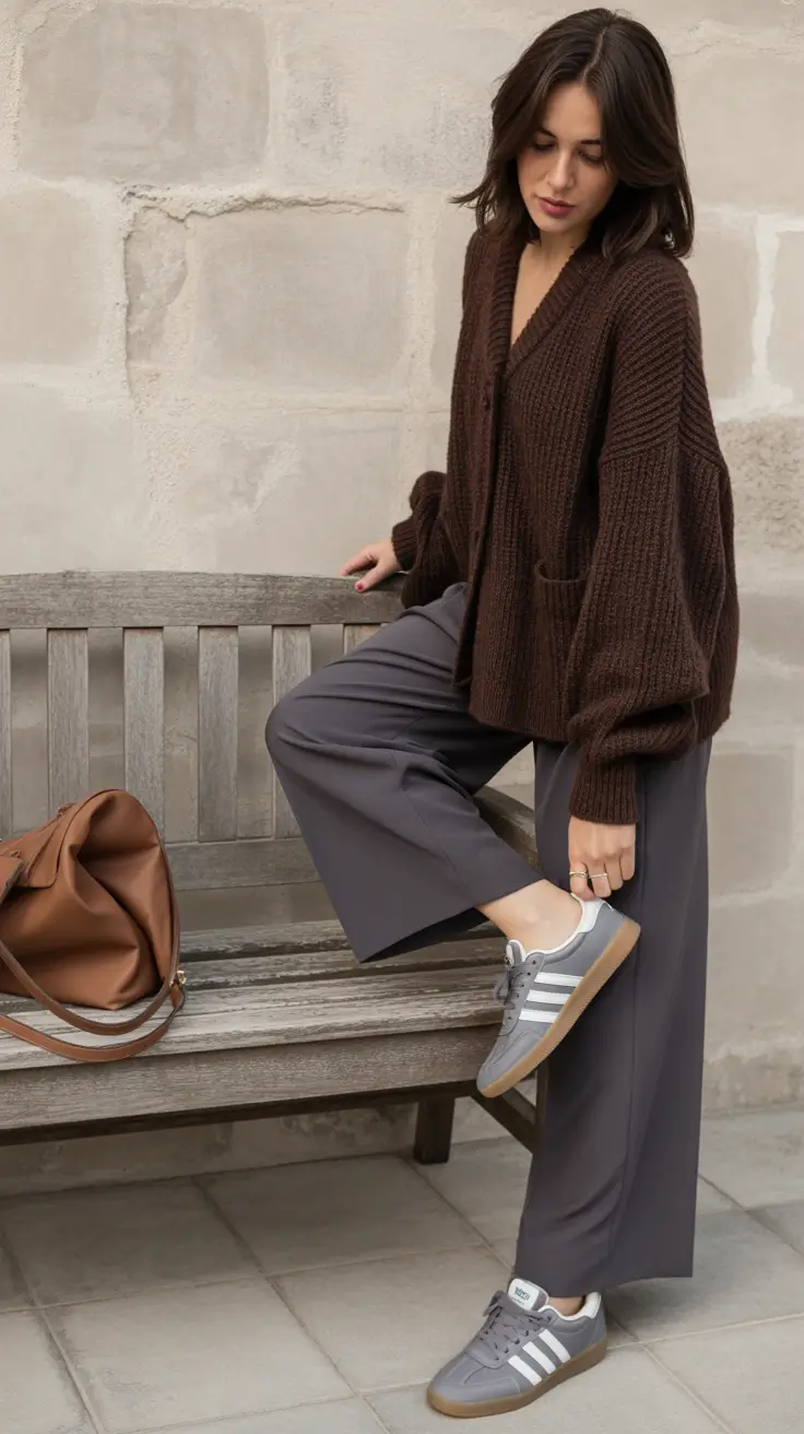 fall sweater outfits — Deep Cocoa Cardigan with Slate Trousers and Retro Sneakers