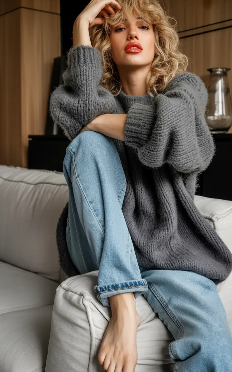 fall sweater outfits — Charcoal Cloud Knit with Light Denim Ease