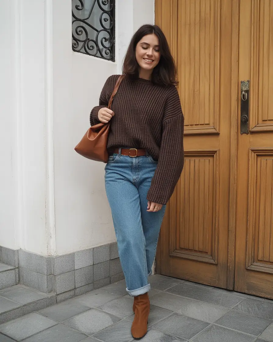 fall sweater outfits — Cocoa Rib, Cuffed Denim, and Toffee Ankle Boots