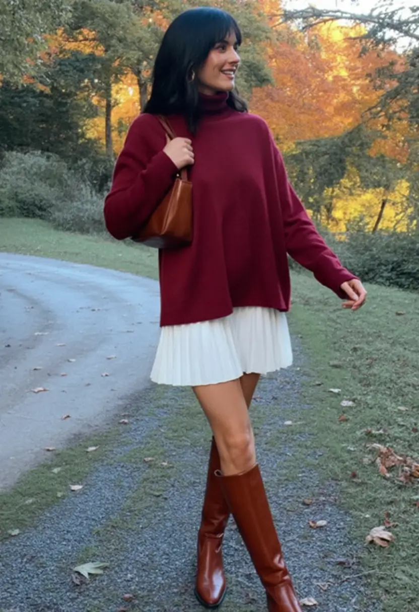 fall sweater outfits — Burgundy Turtleneck with White Pleats and Tall Cognac Boots