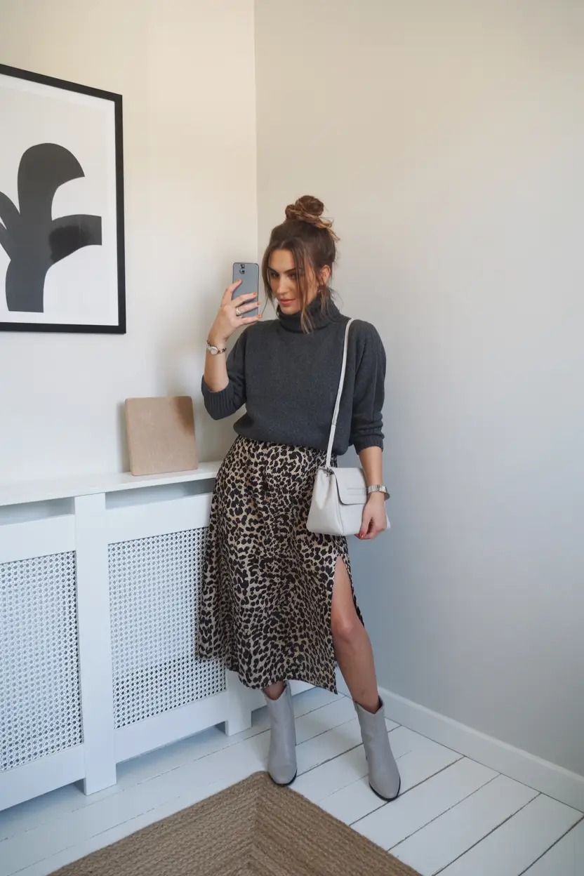 fall sweater outfits — Charcoal Turtleneck with Leopard Midi and Suede Boots