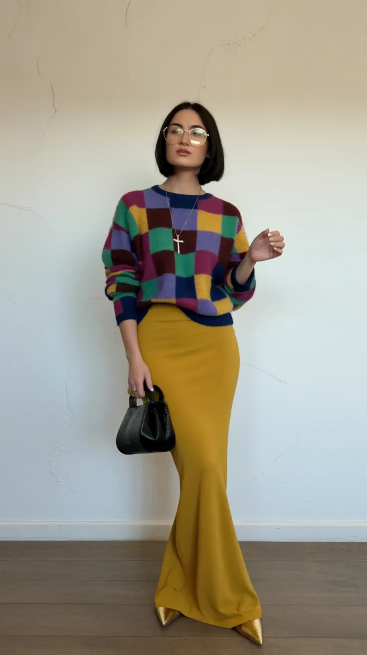 fall sweater outfits — Patchwork Knit with Saffron Column Skirt and Gold Points