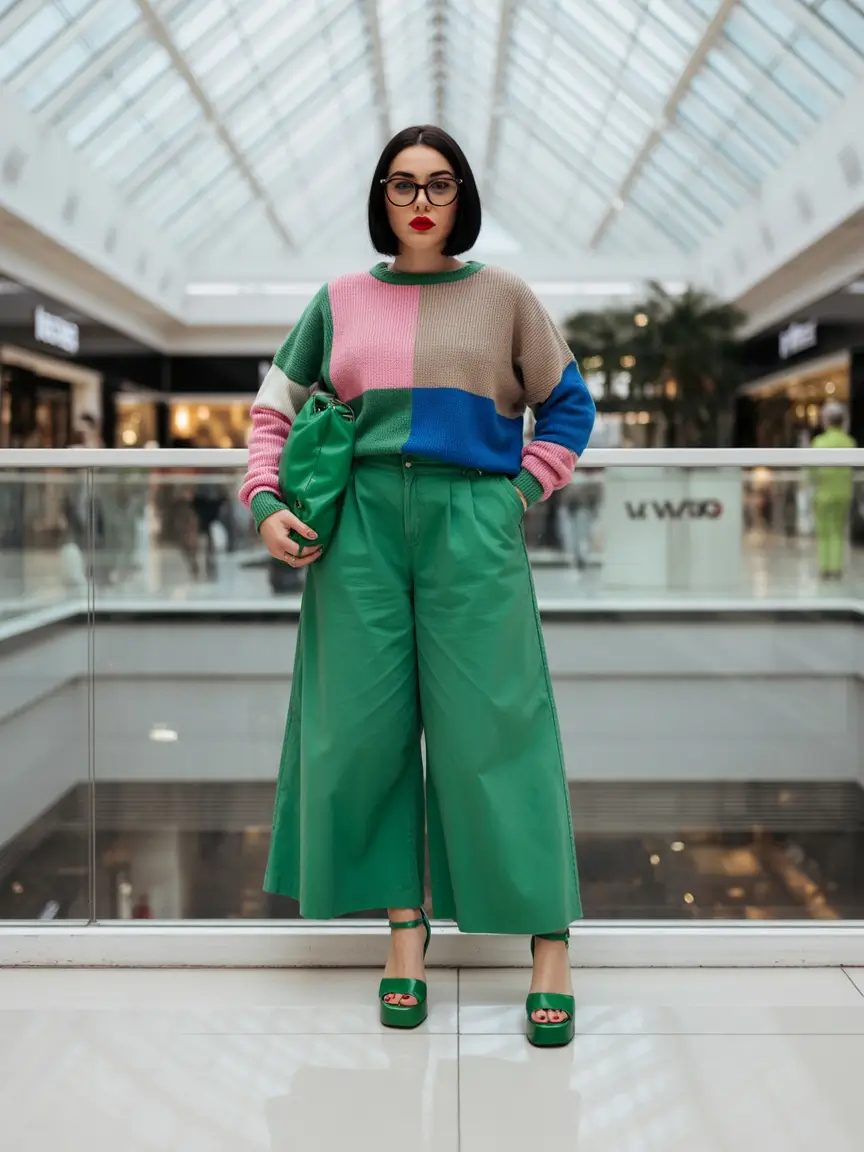 fall sweater outfits — Color-Block Crew with Emerald Culottes and Platforms