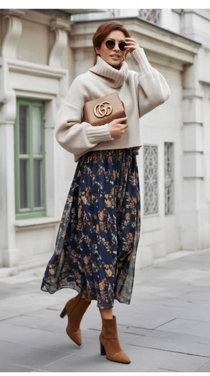 fall sweater outfits — Cream Turtleneck with Floral Midi and Suede Ankle Boots