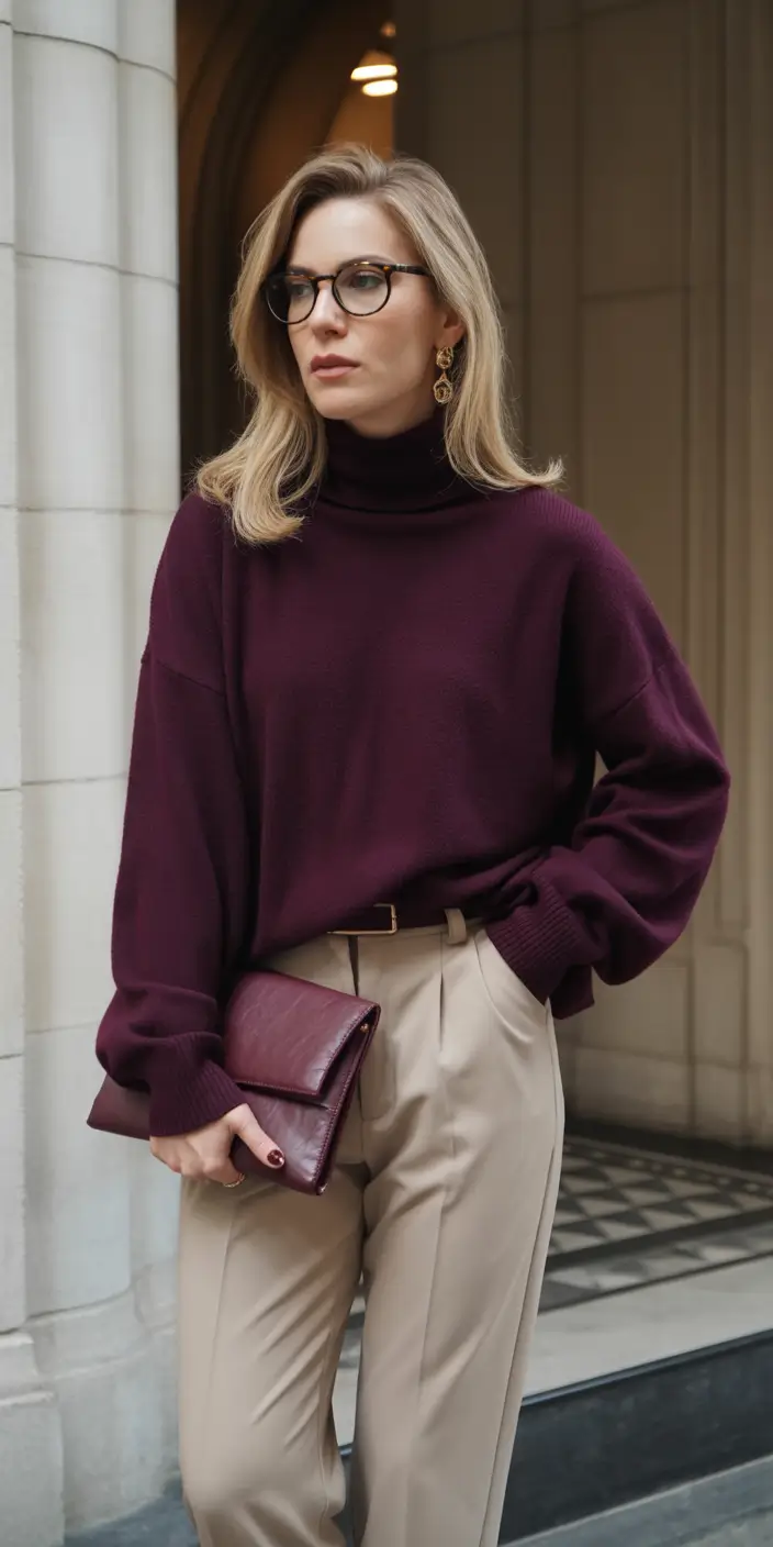 fall sweater outfits — Merlot Turtleneck with Tailored Sand Trousers