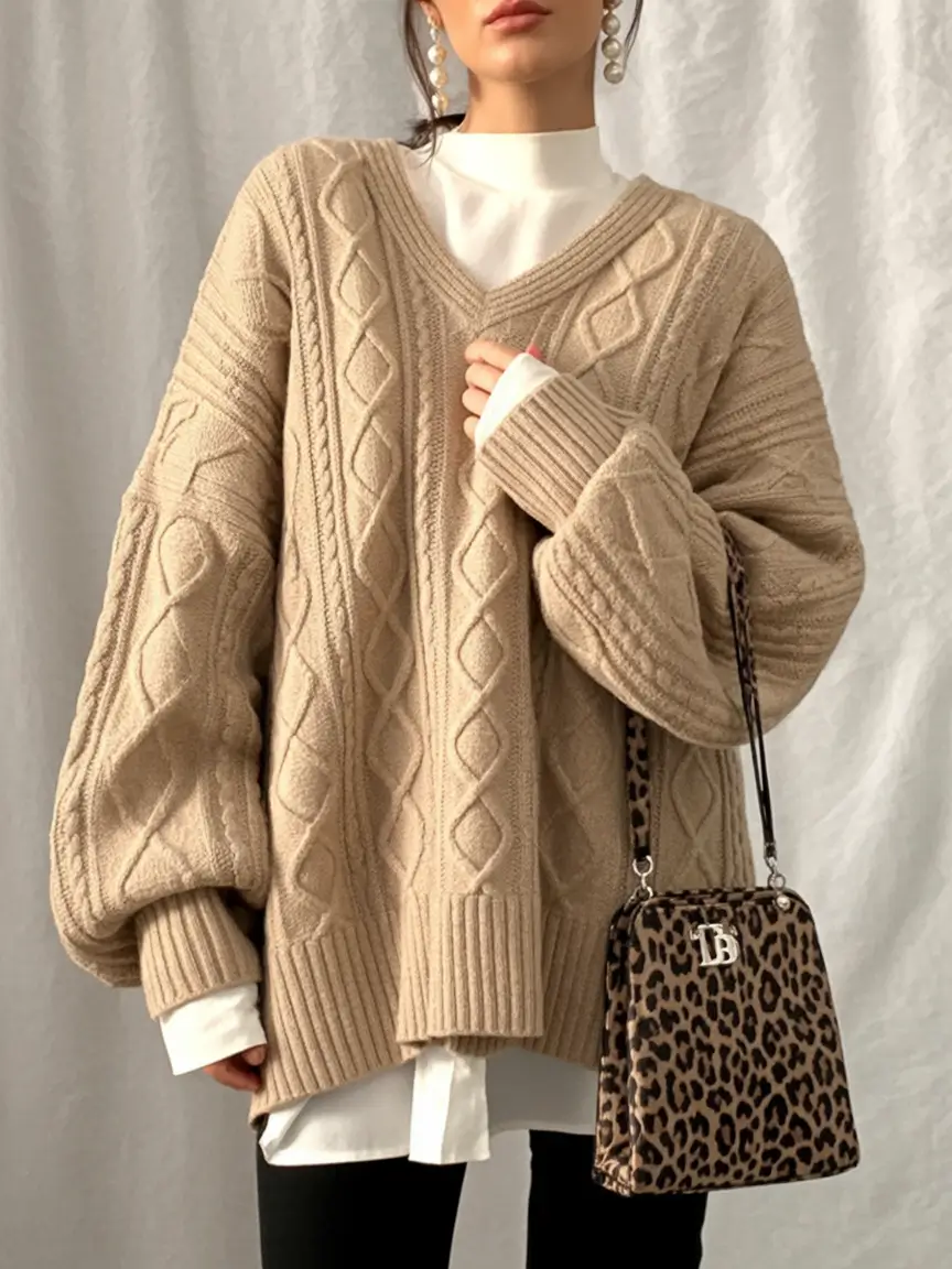 fall sweater outfits — Neutral V-Neck Layers with Leopard and Pearls