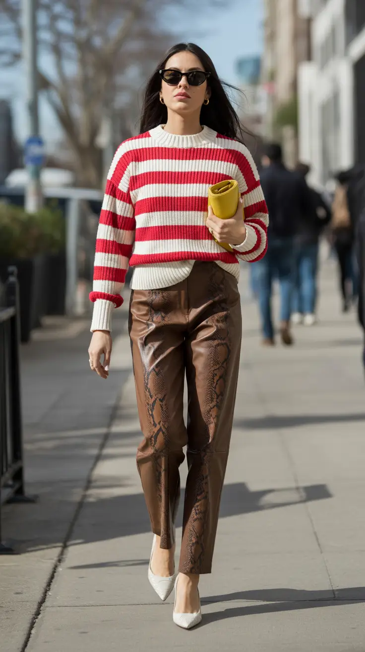 fall sweater outfits — Sporty Stripes with Chocolate Snakeskin Trousers