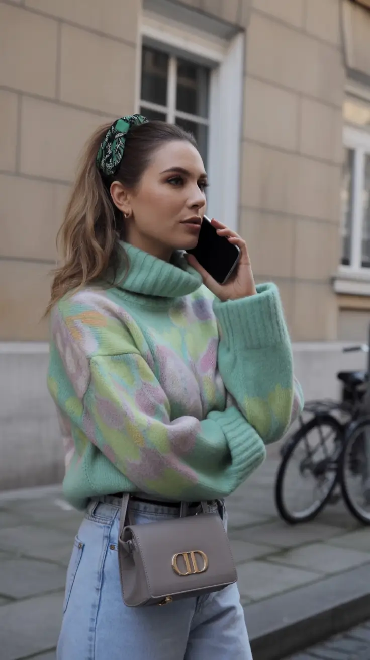 fall sweater outfits — Mint Cloud Turtleneck with Pastel Notes