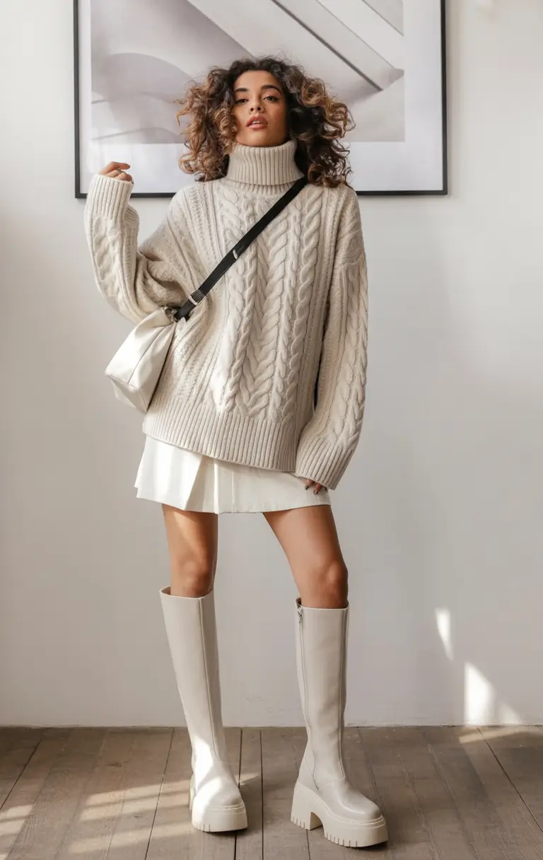 fall sweater outfits — Cable Turtleneck Monochrome with Tall Boots