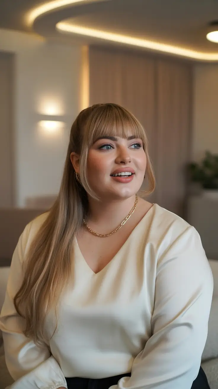 Fall-hairstyles-for-round-faces Half-Up Style with Blunt Bangs