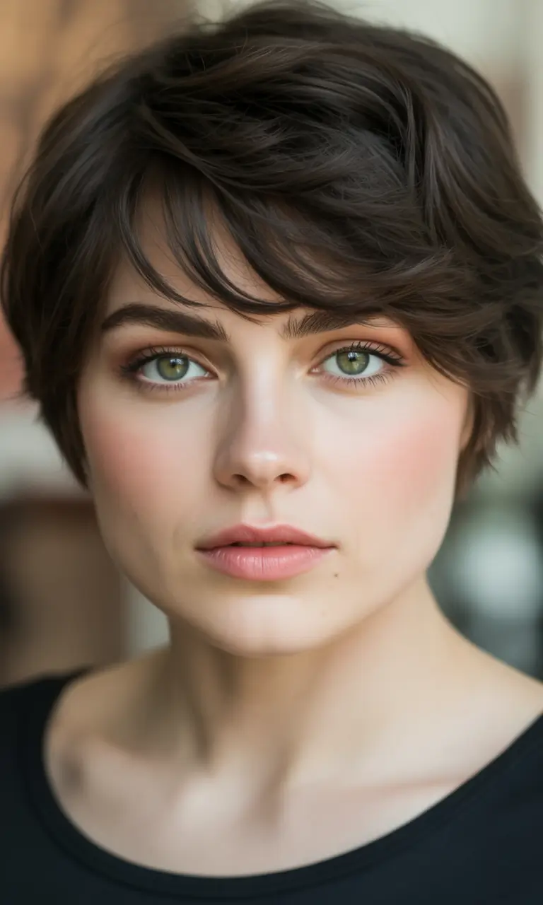 Fall-hairstyles-for-round-faces Soft Pixie with Feathered Layers