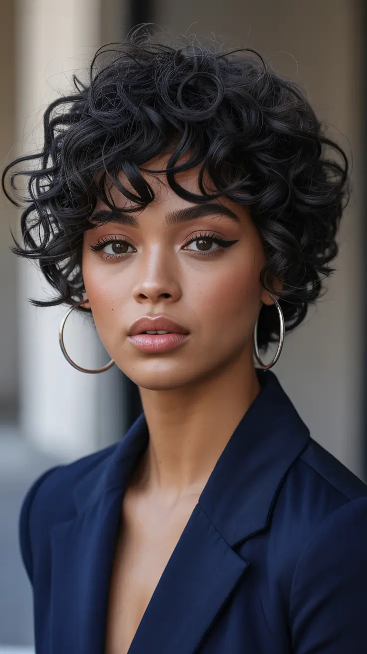 fall hair color for black women Curly Noir Bob with Soft Volume