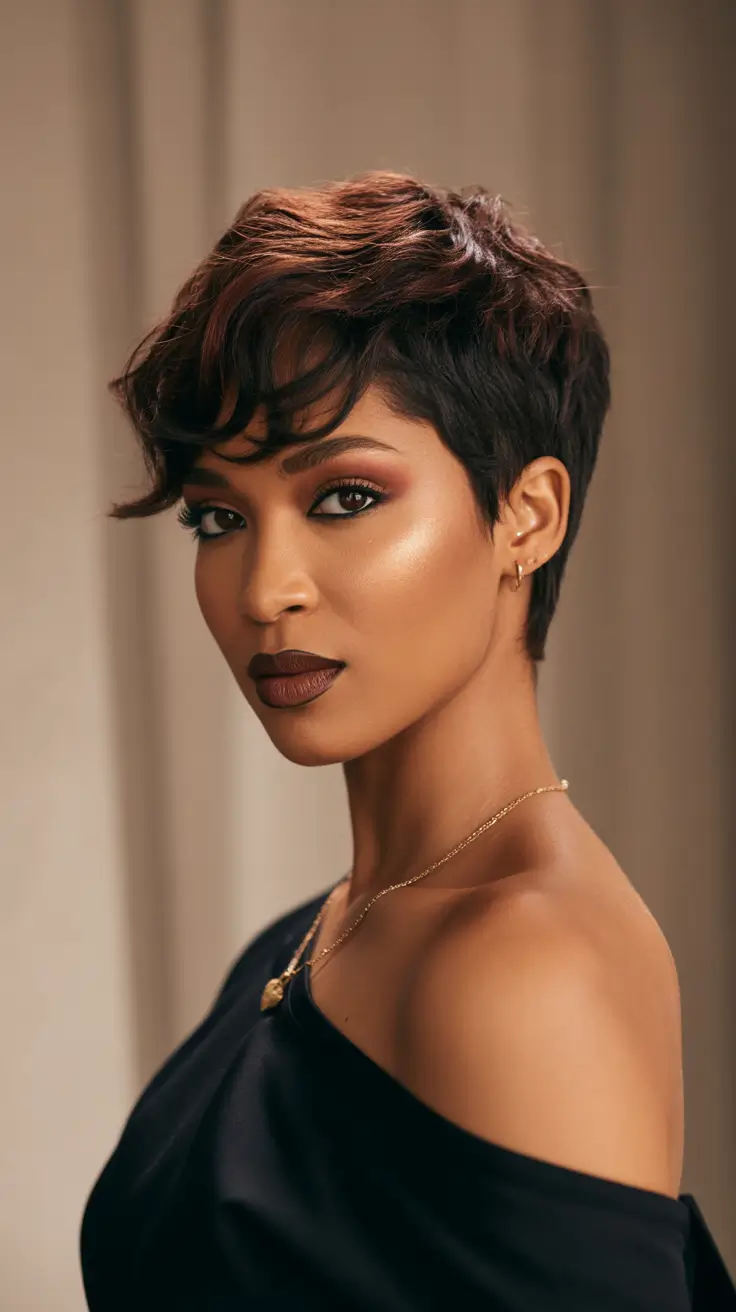 fall hair color for black women Mahogany Pixie with Carved Layers
