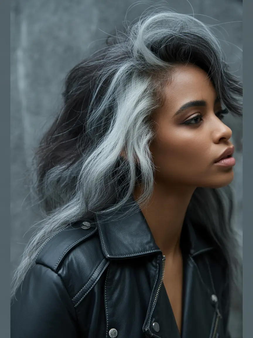 fall hair color for black women Storm Stripe Waves with Ash Smoke Base