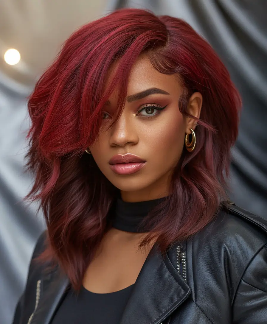 fall hair color for black women Dimensional Burgundy Cascade