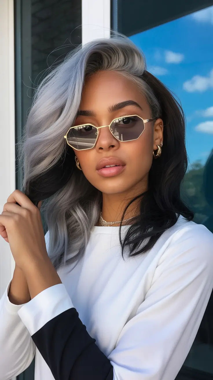 fall hair color for black women Two-Toned Contrast with Drama Side Part