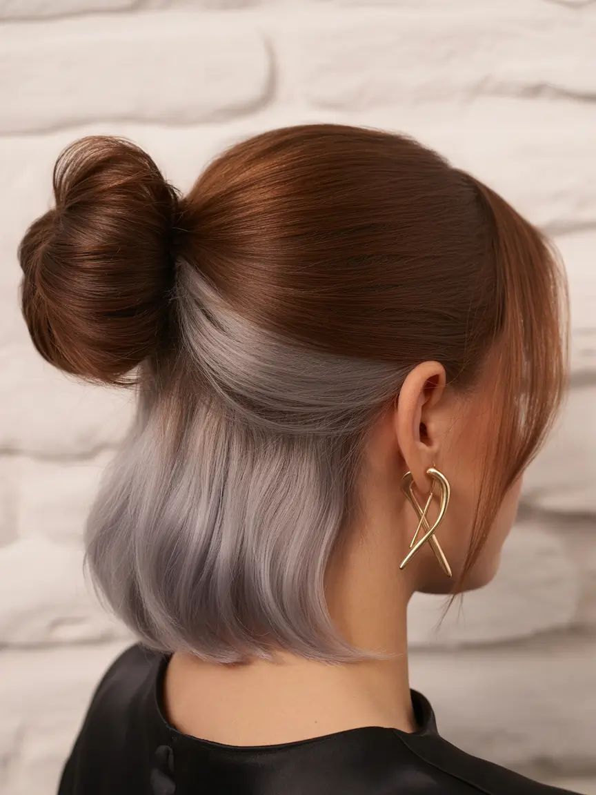 Fall bob hairstyle – Two-Tone Peekaboo Bob with Satin Bun
