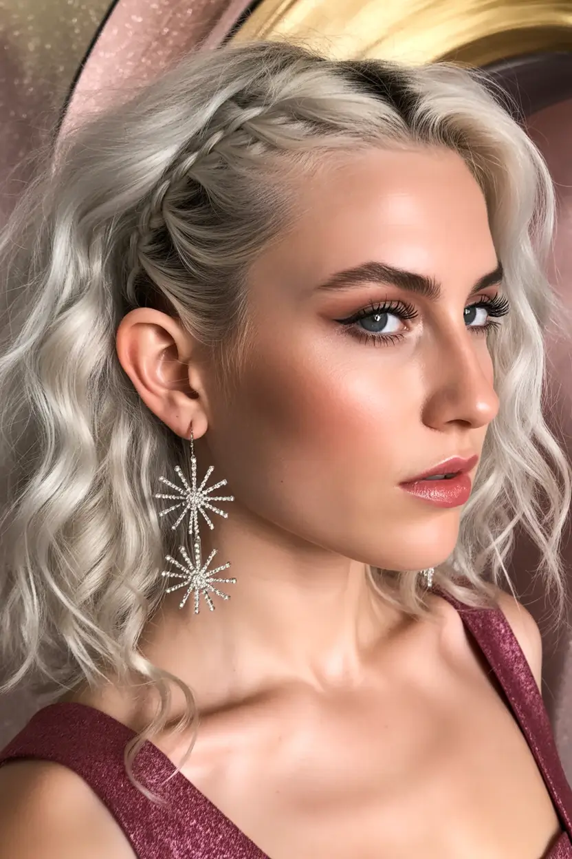 Fall bob hairstyle – Icy Blonde Party Bob with Braided Sweep
