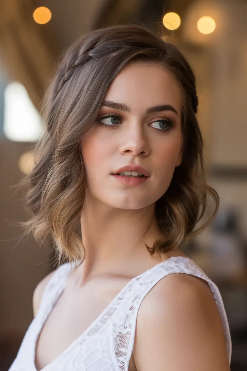 Fall bob hairstyle – Soft Mocha Lob with Braid Accent
