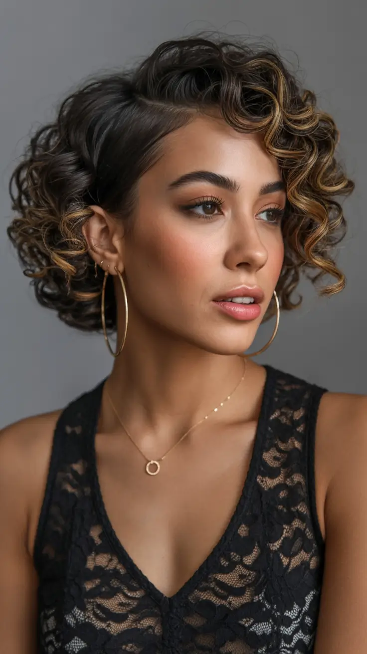 Fall bob hairstyle – Cocoa Swirl Curly Bob with Honey Lights