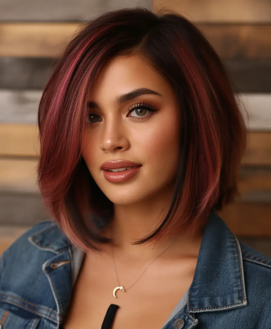 Fall bob hairstyle – Berry Balayage A-Line Bob