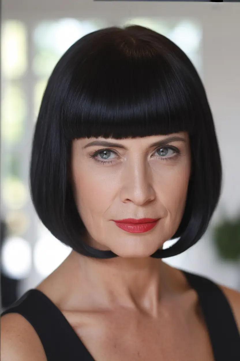 Fall bob hairstyle – Jet-Black Precision Bob with Micro Fringe