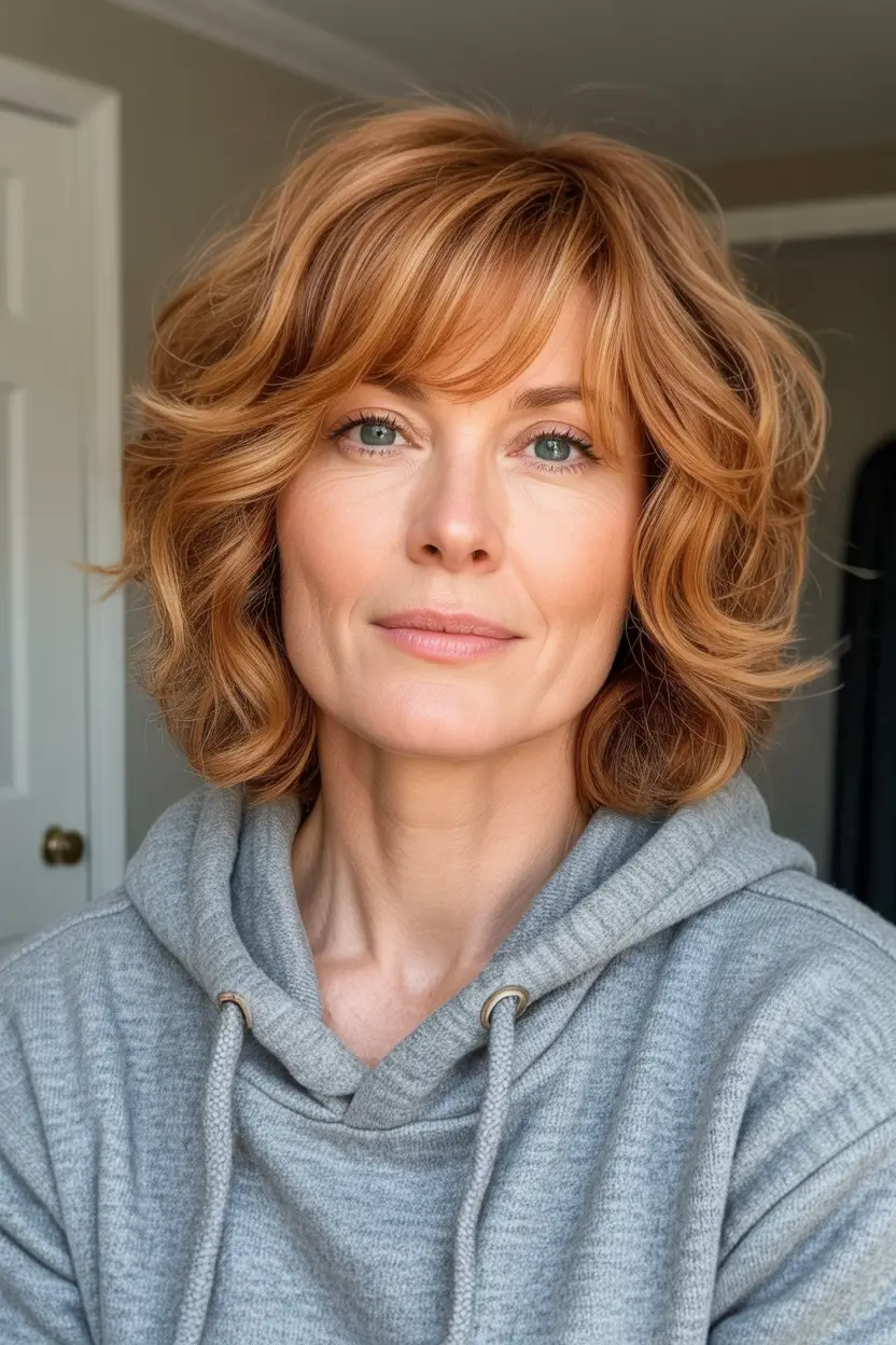 Fall bob hairstyle – Ginger Feather Curl Bob with Curtain Fringe