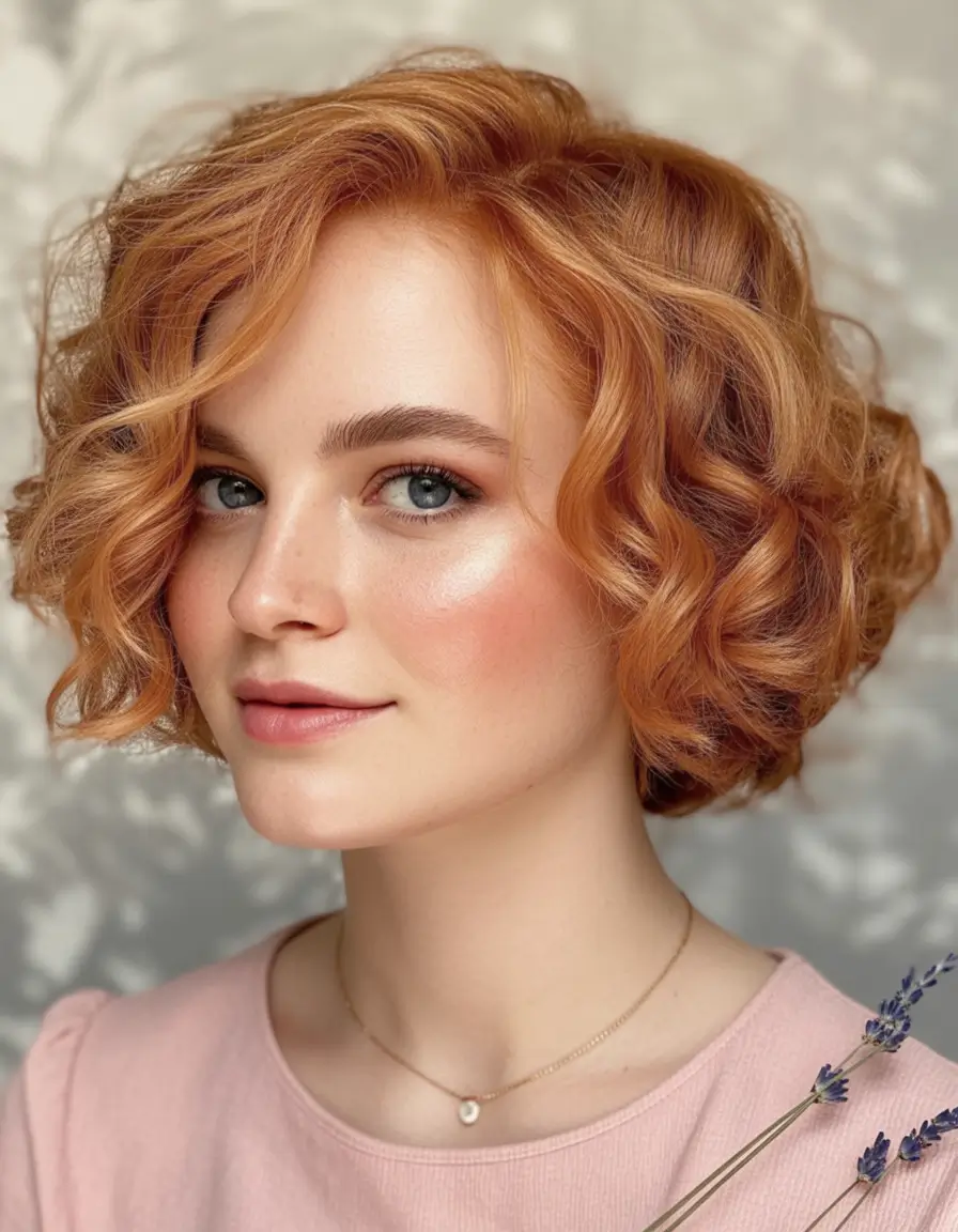 Fall bob hairstyle – Peach Bellini Curly Bob