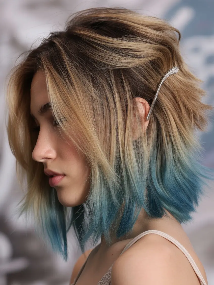 Fall bob hairstyle – Teal-Tipped Coastal Lob