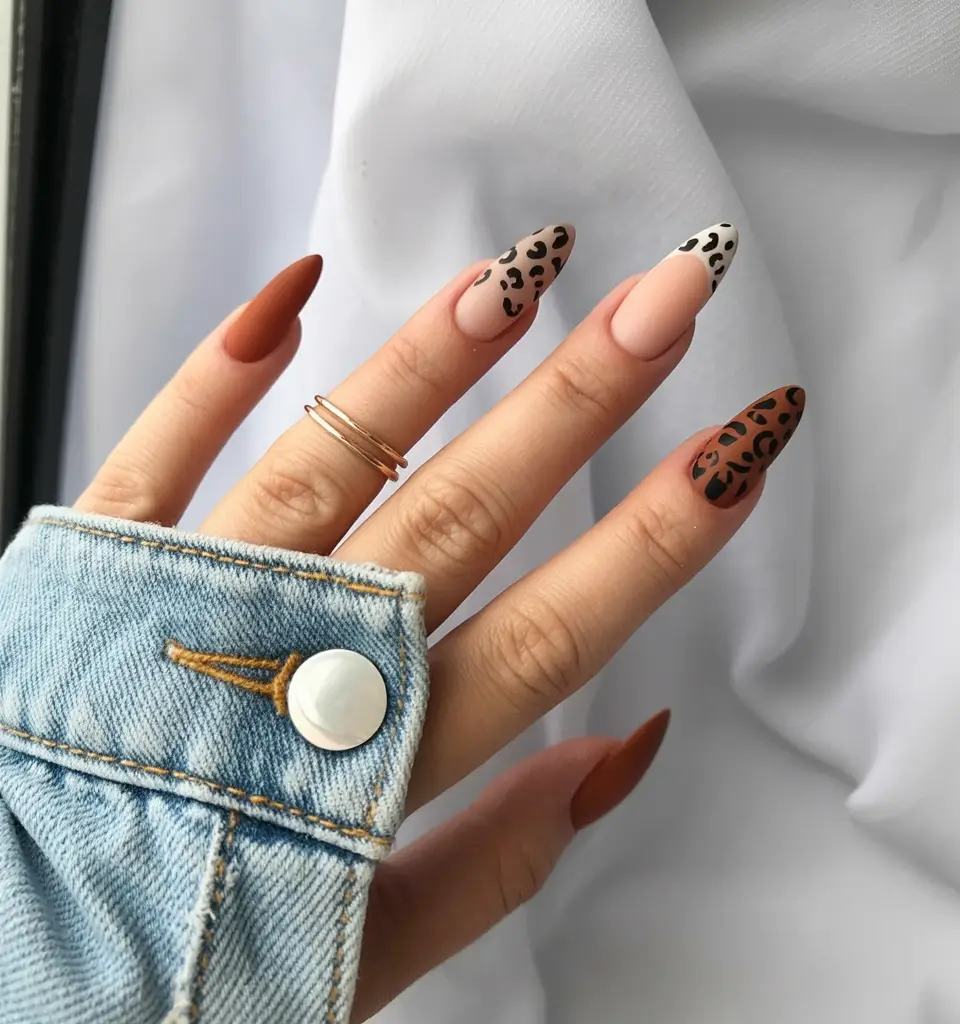 fall almond nails Warm Neutrals With Leopard Accents