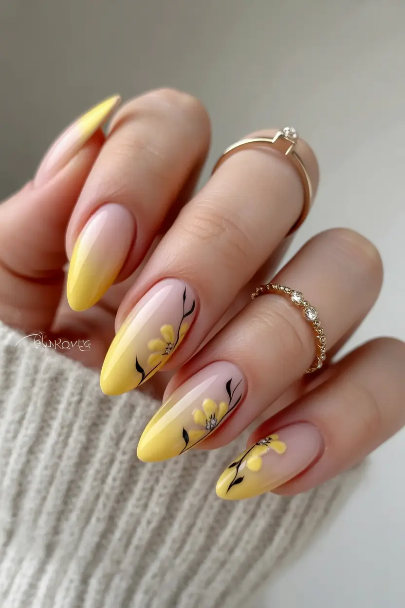 fall almond nails Yellow Blooming Florals