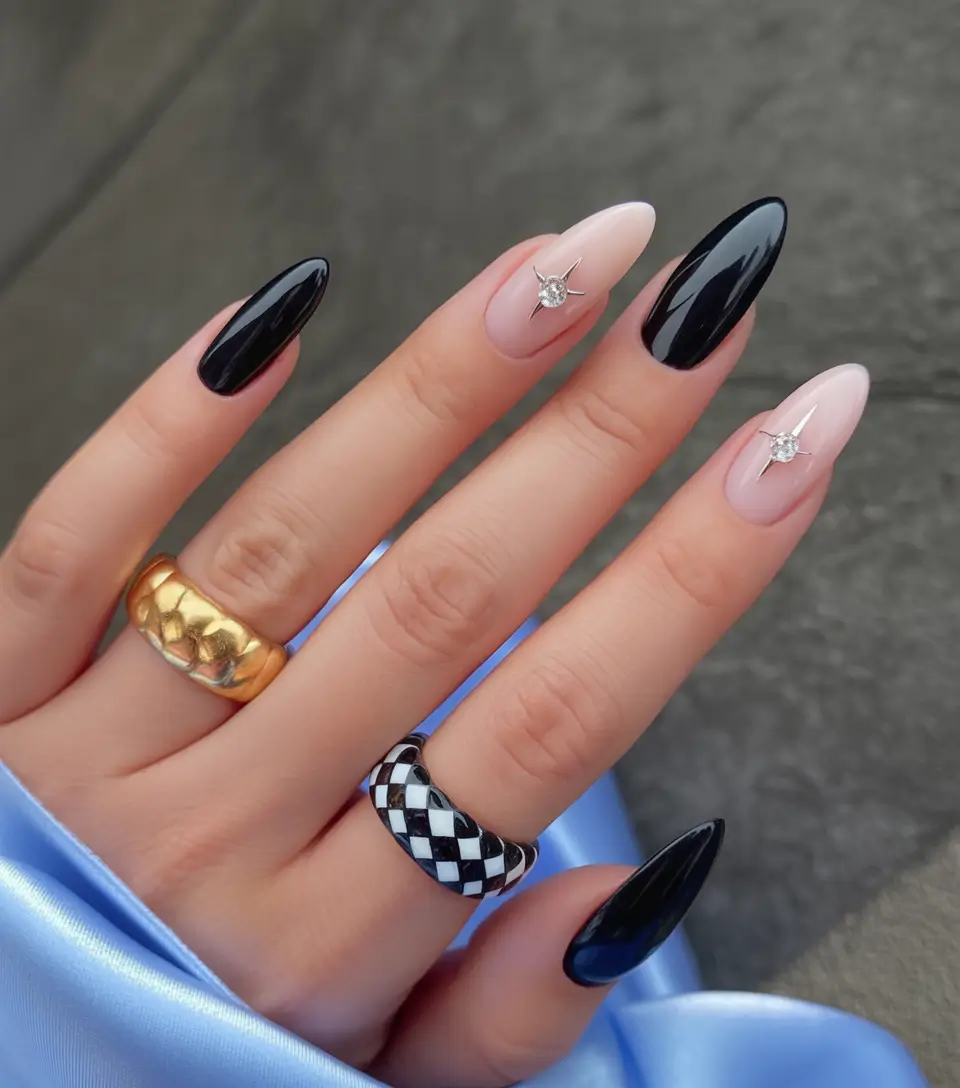 fall almond nails Starry Black & Nude Contrast