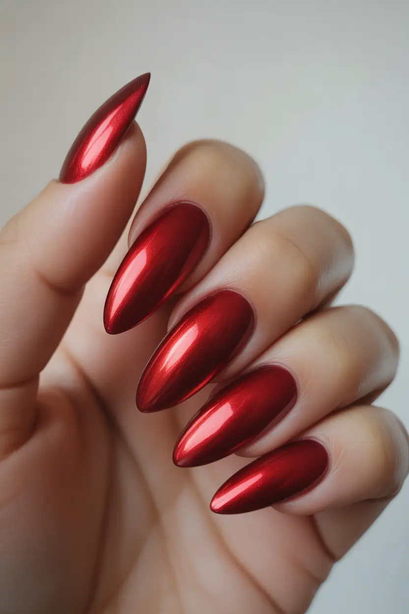 fall almond nails Metallic Cherry Red